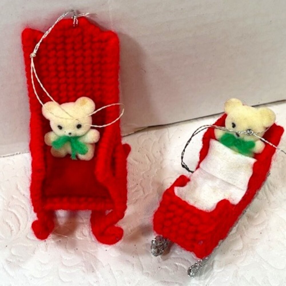 Set of 2 Holiday Crochet Bear Rocking Chair Baby Sleigh Ornaments Handcrafted